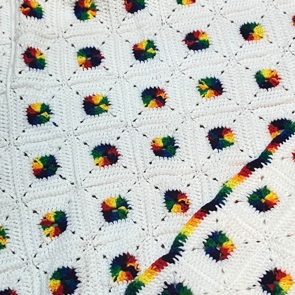 Vintage white afghan  granny square small blanket or retro throw 36” 54”
